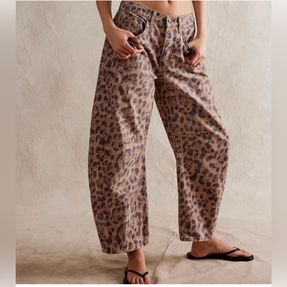 Free People We The Free Good Luck Denim Leopard Print Barrel Jeans, Size 29
